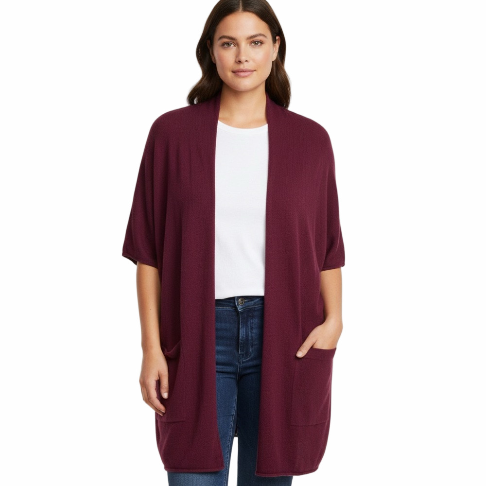 Neiman Marcus Exclusive Maroon Burgundy Short Sleeve Knit Cardigan Woman Large